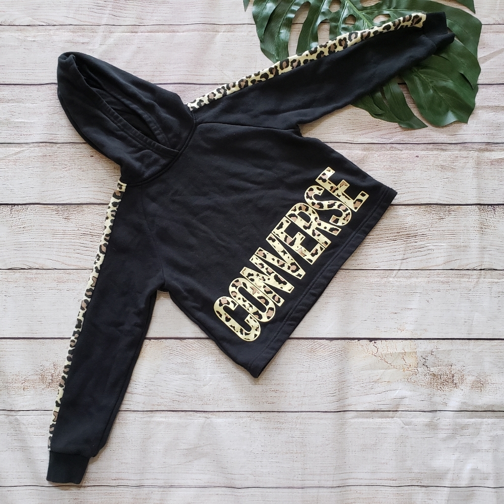 Converse Kids Black Animal Print Logo Cropped Hoodie L 10-12